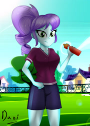 Size: 2385x3307 | Tagged: safe, artist:danielitamlp, imported from derpibooru, crystal lullaby, equestria girls, breasts, clothes, female, fence, high res, house, looking at you, shirt, shorts, signature, soccer field, solo, tree, water bottle