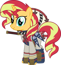 Size: 3012x3220 | Tagged: safe, artist:sketchmcreations, imported from derpibooru, sunset shimmer, pony, unicorn, bandages on wrist, clothes, cosplay, costume, female, hat, hyrule warriors, hyrule warriors: age of calamity, impa, katana, kunai, mare, ninja, sheikah, shin guards, simple background, solo, sword, the legend of zelda, the legend of zelda: breath of the wild, transparent background, vector, weapon