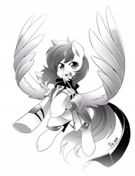 Size: 1583x2048 | Tagged: safe, artist:nekoshiei, imported from derpibooru, oc, oc only, oc:cynosura, pegasus, pony, armor, battle saddle, clothes, manga style, monochrome, simple background, solo, white background, wings