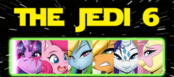 Size: 900x402 | Tagged: safe, artist:mastergodai, imported from derpibooru, applejack, fluttershy, pinkie pie, rainbow dash, rarity, twilight sparkle, crossover, face cutiemark, jedi, mane six, mashup, star wars