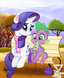 Size: 2880x3472 | Tagged: safe, artist:theretroart88, imported from derpibooru, rarity, spike, dragon, unicorn, bench, blushing, clothes, cute, female, knitting, knitting needles, male, raribetes, scarf, shipping, sitting, sparity, spikabetes, straight, striped scarf, tree, winged spike, wings, yarn, yarn ball