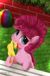 Size: 3000x4500 | Tagged: safe, artist:darksly, imported from derpibooru, boneless, pinkie pie, earth pony, pony, cute, daaaaaaaaaaaw, diapinkes, female, filly, filly pinkie pie, high res, looking at you, mouth hold, rubber chicken, solo, younger