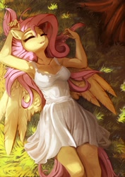 Size: 1980x2800 | Tagged: safe, artist:fidzfox, imported from derpibooru, fluttershy, anthro, pegasus, adorasexy, armpits, beautiful, beautisexy, breasts, busty fluttershy, cleavage, clothes, cottagecore, cute, digital art, dresden files, dress, eyelashes, eyes closed, female, grass, lying down, mare, on back, open mouth, sexy, shyabetes, smiling, solo, sundress, sweet dreams fuel