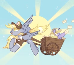 Size: 2048x1804 | Tagged: safe, artist:n in a, imported from derpibooru, derpy hooves, dinky hooves, pegasus, pony, unicorn, colored pupils, equestria's best mother, female, mother and child, mother and daughter, sun, wagon