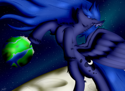 Size: 3392x2481 | Tagged: safe, artist:thebenalpha, imported from derpibooru, princess luna, alicorn, pony, equestria, feels, moon, solo, space, space background, wings