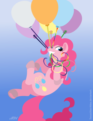 Size: 720x937 | Tagged: safe, artist:texasuberalles, imported from derpibooru, pinkie pie, earth pony, pony, balloon, female, floating, flying, gradient background, lineless, mare, mouth hold, smiling, solo, then watch her balloons lift her up to the sky, underhoof