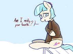 Size: 1706x1271 | Tagged: safe, artist:pinkberry, imported from derpibooru, coco pommel, earth pony, pony, bench, clothes, cold, crying, female, jacket, looking at you, mare, outdoors, snow, snowfall, solo, speech, talking, talking to viewer, tears of joy, text, wavy mouth