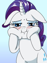 Size: 1668x2224 | Tagged: safe, artist:batipin, imported from derpibooru, rarity, pony, unicorn, bipedal, blushing, cheek squish, female, floppy ears, gradient background, looking at you, mare, rarity is a marshmallow, simple background, solo, squishy cheeks