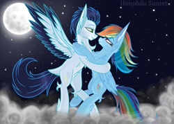 Size: 1510x1080 | Tagged: safe, artist:honolulusunset, imported from derpibooru, rainbow dash, soarin', pegasus, pony, big ears, chest fluff, cloud, dock, embrace, female, flying, leg fluff, male, mare, moon, night, old cutie mark, shipping, sky, soarindash, stallion, stars, straight, tail feathers, two toned wings, wings