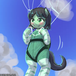 Size: 750x750 | Tagged: safe, artist:lumineko, imported from derpibooru, oc, oc only, oc:sadie michaels, earth pony, pony, clothes, cloud, commission, female, jumpsuit, parachute, ponified oc, sky, skydiving, solo