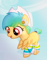 Size: 483x615 | Tagged: safe, artist:moonlightdisney5, artist:thatonefluffs, imported from derpibooru, daisy, flower wishes, oc, oc only, oc:synchronize, pegasus, pony, daisy (flower), female, filly, flower, flower in hair, hat, shading, solo