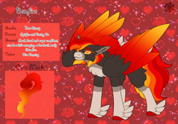 Size: 3500x2454 | Tagged: safe, artist:nobleclay, imported from derpibooru, oc, oc only, oc:bonfire, pegasus, pony, colored wings, colored wingtips, feathered fetlocks, magical lesbian spawn, multicolored wings, offspring, parent:daring do, parent:spitfire, reference sheet, solo, wings