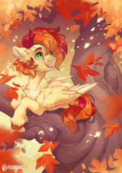 Size: 1060x1500 | Tagged: safe, artist:kez, imported from derpibooru, oc, oc only, pegasus, pony, autumn, leaves, solo, tree