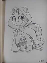 Size: 1280x1707 | Tagged: safe, artist:taurson, imported from derpibooru, starlight glimmer, pony, unicorn, basket, clothes, hood, little red riding hood, monochrome, red riding hood, solo, traditional art