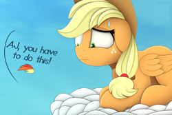 Size: 1920x1280 | Tagged: safe, artist:alexbefest, imported from derpibooru, applejack, earth pony, pegasus, pony, cloud, flapplejack, floppy ears, implied rainbow dash, laying on cloud, offscreen character, on a cloud, race swap, scared, solo, sweat, sweatdrop, wavy mouth