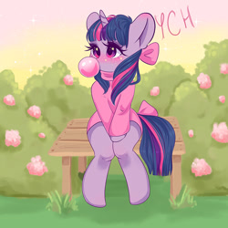 Size: 800x800 | Tagged: safe, artist:valeria_fills, imported from derpibooru, twilight sparkle, pony, unicorn, bow, bubblegum, clothes, commission, cute, female, food, gum, mare, shirt, sitting, solo, tail bow, twiabetes, unicorn twilight, ych example, your character here