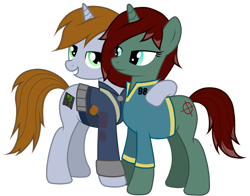 Size: 2768x2167 | Tagged: safe, artist:jennieoo, imported from derpibooru, oc, oc only, oc:littlepip, oc:snipey, unicorn, fallout equestria, group, happy, hug, show accurate, simple background, smiling, transparent background