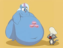 Size: 1000x764 | Tagged: safe, artist:astr0zone, artist:shegofan95, edit, imported from derpibooru, trixie, pony, unicorn, crossover, fat, food, frenchfry, levitation, lilo and stitch, lilo and stitch the series, magic, morbidly obese, obese, overweight, stuffed belly, telekinesis, the great and bountiful trixie