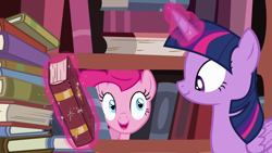 Size: 1280x720 | Tagged: safe, imported from derpibooru, screencap, pinkie pie, twilight sparkle, alicorn, earth pony, pony, pinkie apple pie, book, bookshelf, female, magic, mare, telekinesis, twilight sparkle (alicorn)