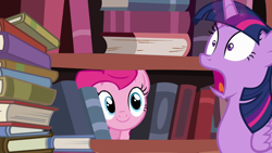 Size: 1280x720 | Tagged: safe, imported from derpibooru, screencap, pinkie pie, twilight sparkle, alicorn, earth pony, pony, pinkie apple pie, book, bookshelf, screaming, twilight sparkle (alicorn)