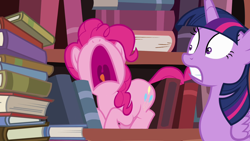 Size: 1280x720 | Tagged: safe, imported from derpibooru, screencap, pinkie pie, twilight sparkle, alicorn, earth pony, pony, pinkie apple pie, aaugh!, book, bookshelf, female, gritted teeth, mare, mawshot, open mouth, screaming, twilight sparkle (alicorn), uvula, volumetric mouth