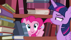 Size: 1280x720 | Tagged: safe, imported from derpibooru, screencap, pinkie pie, twilight sparkle, alicorn, earth pony, pony, pinkie apple pie, annoyed, book, bookshelf, female, mare, twilight sparkle (alicorn)