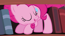 Size: 1280x720 | Tagged: safe, imported from derpibooru, screencap, pinkie pie, earth pony, pony, pinkie apple pie, book, bookshelf, female, mare, solo