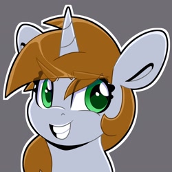 Size: 2048x2048 | Tagged: safe, artist:partylikeanartist, imported from derpibooru, oc, oc only, oc:littlepip, pony, unicorn, fallout equestria, absurd resolution, bust, eye clipping through hair, eyebrows, eyebrows visible through hair, gray background, grin, high res, horn, looking away, simple background, smiling, solo, sticker, unicorn oc