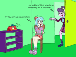 Size: 1878x1408 | Tagged: safe, artist:bugssonicx, imported from derpibooru, coco pommel, suri polomare, human, equestria girls, bomb, bondage, clothes, cocobuse, crying, crystal prep academy uniform, damsel in distress, dynamite, explosives, go to sleep suri polomare, leaving, peril, school uniform, shoes, skirt, story included, tied to chair, tied up, tnt, victorious villain, weapon