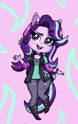 Size: 1239x1945 | Tagged: safe, artist:ameliacostanza, imported from derpibooru, starlight glimmer, equestria girls, mirror magic, spoiler:eqg specials, beanie, boots, clothes, cute, female, glimmerbetes, hat, open mouth, pants, ponied up, shirt, shoes, solo, torn clothes, vest, watch, wristwatch