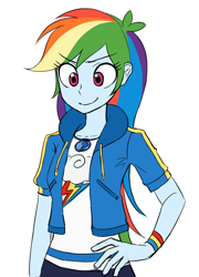 Size: 884x1230 | Tagged: safe, artist:haibaratomoe, imported from derpibooru, rainbow dash, equestria girls, equestria girls series, cute, dashabetes, eye clipping through hair, eyebrows, eyebrows visible through hair, female, geode of super speed, hand on hip, magical geodes, simple background, smiling, solo, white background