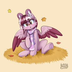 Size: 4000x4000 | Tagged: safe, artist:lazybread, imported from derpibooru, part of a set, oc, oc only, oc:dusty ember, pegasus, pony, absurd resolution, autumn, beige background, brown eyes, clothes, colored wings, commission, cute, frog (hoof), leaves, scarf, sitting, solo, striped scarf, underhoof, wings, ych result