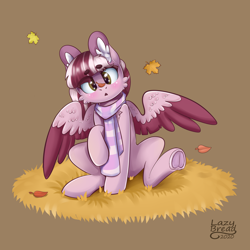 Size: 4000x4000 | Tagged: safe, alternate version, artist:lazybread, imported from derpibooru, part of a set, oc, oc only, oc:dusty ember, pegasus, pony, absurd resolution, autumn, brown background, brown eyes, clothes, colored wings, commission, cute, frog (hoof), leaves, scarf, signature, simple background, sitting, solo, striped scarf, underhoof, wings, ych result