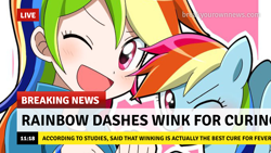 Size: 1280x720 | Tagged: safe, artist:ryuu, color edit, edit, editor:michaelsety, imported from derpibooru, rainbow dash, human, pegasus, pony, equestria girls, anime, blushing, break your own news, breaking news, clothes, colored, cute, dashabetes, female, human coloration, human ponidox, jacket, light skin, light skin edit, looking at you, mare, one eye closed, open mouth, self ponidox, simple background, skin color edit, whitewashing, wink, wristband