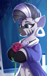 Size: 1250x2000 | Tagged: safe, artist:shadowreindeer, imported from derpibooru, zecora, semi-anthro, zebra, amanda, clothes, cute, detroit: become human, ear piercing, earring, female, floppy ears, flower, hoof hold, jacket, jewelry, lidded eyes, mare, missing accessory, piercing, quadrupedal, rose, sitting, solo, zecorable