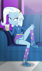 Size: 1100x1853 | Tagged: safe, artist:grapefruitface1, imported from derpibooru, trixie, equestria girls, base used, bedroom eyes, clothes, drinking, drinking straw, fixed, legs, looking sideways, looking to side, night, schrödinger's pantsu, shoes, show accurate, sitting, sitting pretty, solo, thighs, updated, window