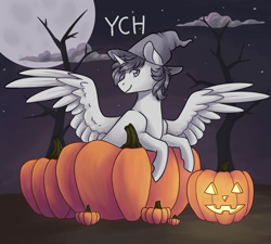 Size: 3000x2700 | Tagged: safe, artist:flaming-trash-can, imported from derpibooru, pony, cloud, commission, halloween, hat, holiday, jack-o-lantern, night, pumpkin, solo, tree, witch hat, ych example, your character here