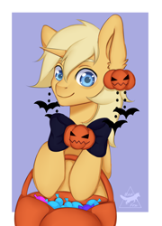 Size: 2514x3500 | Tagged: safe, artist:asyaredfox, imported from derpibooru, oc, oc only, oc:sunlight bolt, pony, unicorn, commission, halloween, holiday, looking at you, pumpkin, simple background, ych result