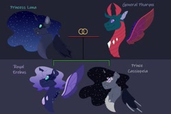 Size: 1280x854 | Tagged: safe, artist:itstechtock, imported from derpibooru, pharynx, princess luna, oc, oc:cassiopeia, oc:cassiopeia (itstechtock), oc:erebus, changedling, changeling, changepony, hybrid, pony, offspring, parent:pharynx, parent:princess luna, parents:lunarynx, prince pharynx