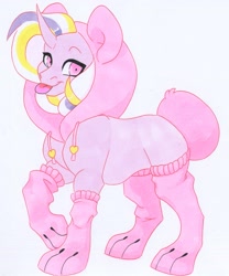 Size: 2537x3056 | Tagged: safe, artist:frozensoulpony, imported from derpibooru, oc, oc:cystole, pony, unicorn, clothes, costume, hoodie, kigurumi, male, paw gloves, solo, stallion, tongue out, traditional art