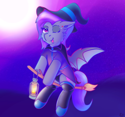 Size: 3128x2914 | Tagged: safe, artist:legionsunite, imported from derpibooru, oc, oc only, bat pony, pony, bat pony oc, bat wings, broom, clothes, costume, cute, female, flying, flying broomstick, halloween, hat, holiday, lantern, mare, moon, night, nightmare night, one eye closed, panties, socks, solo, sticking tongue out, tongue out, underwear, wings, wink, witch, witch hat