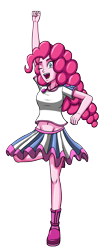 Size: 1512x3552 | Tagged: safe, artist:artemis-polara, imported from derpibooru, pinkie pie, equestria girls, belly button, clothes, excited, fist in the air, geode of sugar bombs, magical geodes, open mouth, shirt, shoes, simple background, skirt, smiling, solo, transparent background