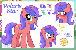 Size: 1200x798 | Tagged: safe, artist:jennieoo, imported from derpibooru, oc, oc only, oc:polaris star, pony, unicorn, female, happy, laughing, mare, reference, reference sheet, show accurate, shy, smiling, solo