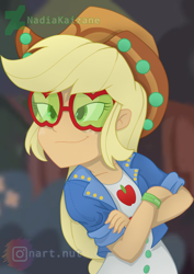 Size: 1500x2121 | Tagged: safe, artist:nadiakaizane, imported from derpibooru, applejack, equestria girls, equestria girls series, spoiler:eqg series (season 2), crossed arms, female, glasses, smug, solo