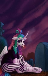 Size: 1280x2027 | Tagged: safe, artist:violettacamak, imported from derpibooru, princess celestia, alicorn, pony, alternate hairstyle, cigarette, clothes, gravestone, graveyard, looking at you, pants, punklestia, sitting, smoking, solo