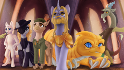 Size: 1280x720 | Tagged: safe, artist:violettacamak, imported from derpibooru, discord, oc, anthro, dragon, earth pony, griffon, pony, unicorn, wolf, armor, clothes, commission, royal throne room