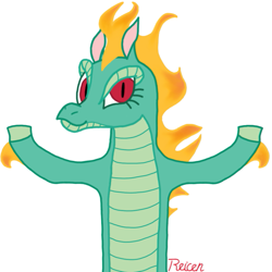 Size: 671x671 | Tagged: safe, artist:reicen, imported from derpibooru, tianhuo, dragon, hybrid, longma, them's fightin' herds, breasts, community related, looking at you, mane of fire, shrug, shrugging, tianhuo (tfh)