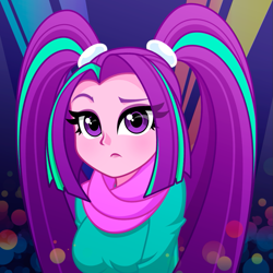 Size: 905x905 | Tagged: safe, artist:rosemile mulberry, imported from derpibooru, aria blaze, equestria girls, ariabetes, blushing, breasts, bust, busty aria blaze, clothes, cute, female, moe, pigtails, raised eyebrow, scarf, solo, transparent hair, twintails