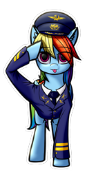 Size: 723x1302 | Tagged: safe, alternate version, artist:colourwave, imported from derpibooru, rainbow dash, pegasus, pony, :p, aeroflot logo, clothes, cute, female, hammer and sickle, looking at you, mlem, non canon, o7, pilot, salute, silly, simple background, solo, sticker, tongue out, transparent background, uniform