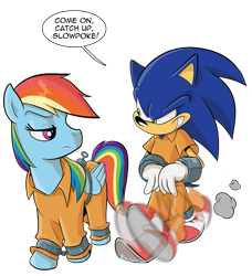 Size: 731x800 | Tagged: safe, artist:boscoloandrea, imported from derpibooru, rainbow dash, hedgehog, pegasus, pony, bashing, bound wings, clothes, cuffs, duo, prison outfit, prisoner, prisoner rd, running, simple background, smiling, smirk, sonic the hedgehog, sonic the hedgehog (series), sonic vs rainbow dash, transparent background, unamused, wing cuffs, wings